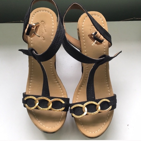 Cork Ankle T-strap Striped Wedges - Picture 2 of 5